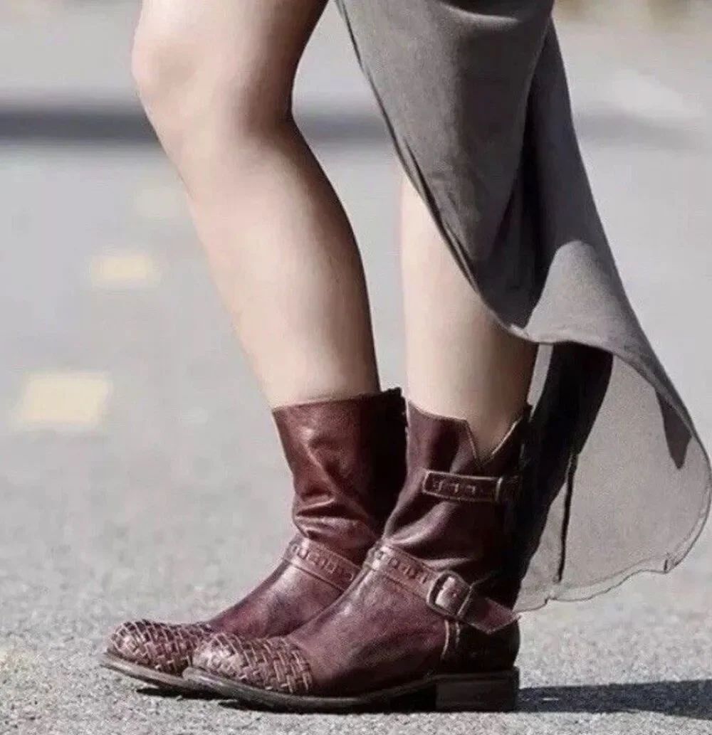 Bed|Stü Ashwell Reddish Brown Woven Moto Rustic Mid Calf Boots